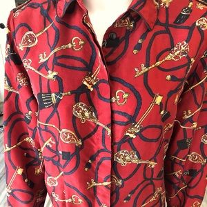 Vintage 100% Silk Blouse Top by Jennifer L. W/ Key & Tassel Pattern Sz Medium